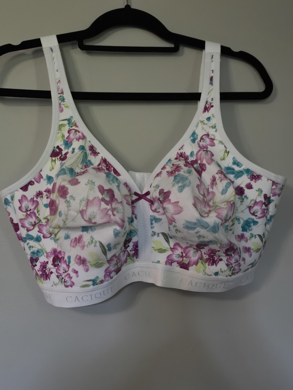 Cacique White Floral Wireless Full Coverage Bra with Pink & Teal Flowers
